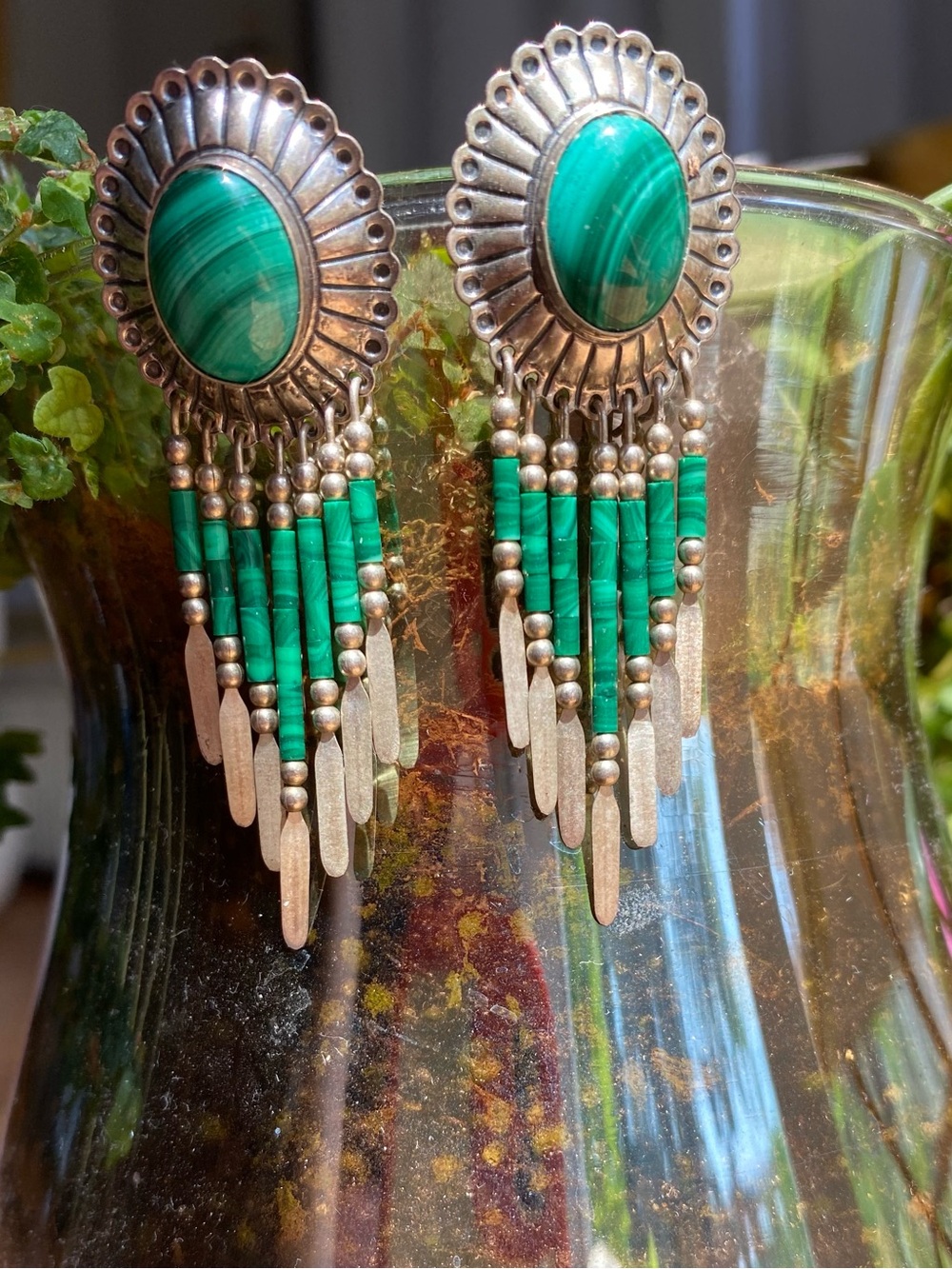 Artisan Green Malachite Fringe Drop Earrings with Silver Accents